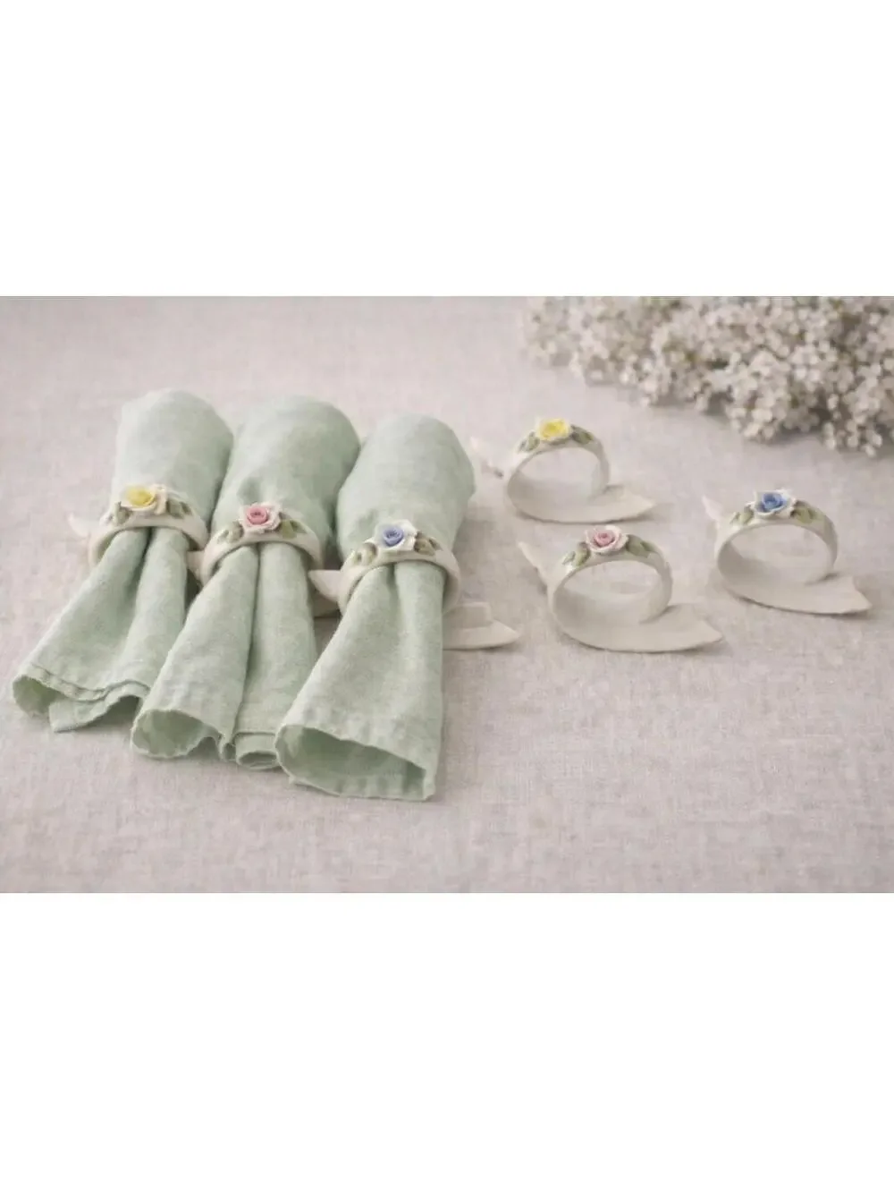 Vintage Set of 6 Rose Pink Yellow Blue Porcelain Napkin Rings Made In Japan
